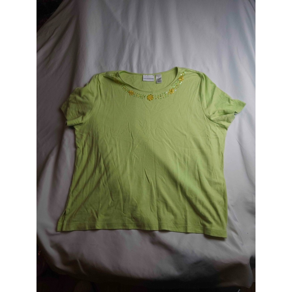 Alfred Dunner Top Womens XL Green Floral Beaded Preppy Coastal Chic Grandmacore